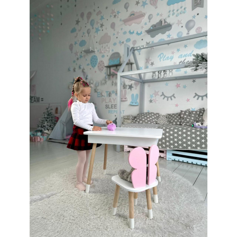 Дитячий столик з відкидним верхом 53х60х45 і стільчик метелик 26.5х26х25, стіл та стілець для дітей до 7 років, білий з рожевим