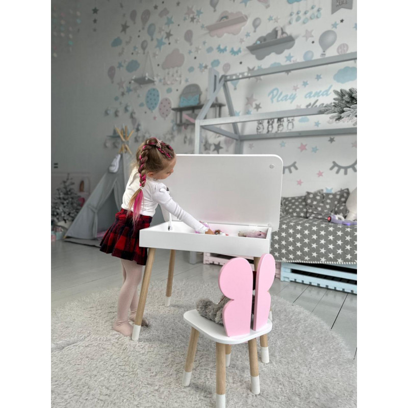 Дитячий столик з відкидним верхом 53х60х45 і стільчик метелик 26.5х26х25, стіл та стілець для дітей до 7 років, білий з рожевим