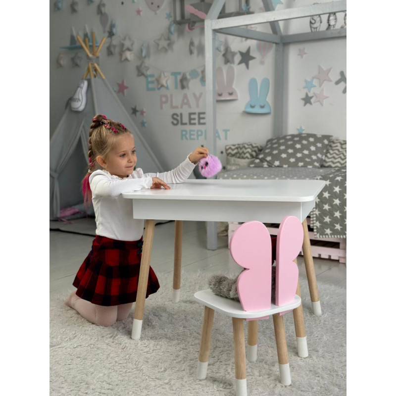 Дитячий столик з відкидним верхом 53х60х45 і стільчик метелик 26.5х26х25, стіл та стілець для дітей до 7 років, білий з рожевим