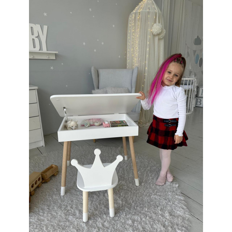 Столик з відкидним верхом 53х60х45 і стільчик корона 26.5х26х25, стіл та стілець для дітей від 1 року, білий