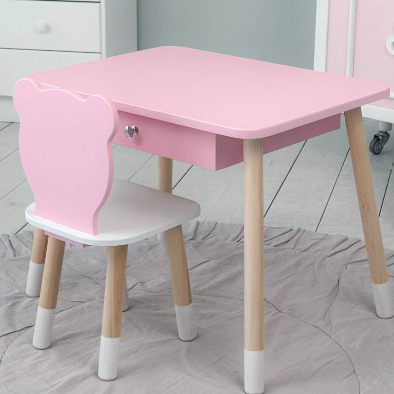 Стіл прямокутний з шухлядою 46х60х45 і стілець медвежа 26.5х26х25, столик та стільчик для дитячої кімнати, рожевий з білим