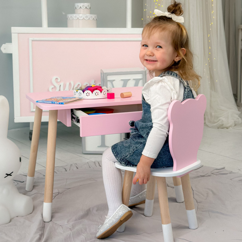 Стіл прямокутний з шухлядою 46х60х45 і стілець медвежа 26.5х26х25, столик та стільчик для дитячої кімнати, рожевий з білим