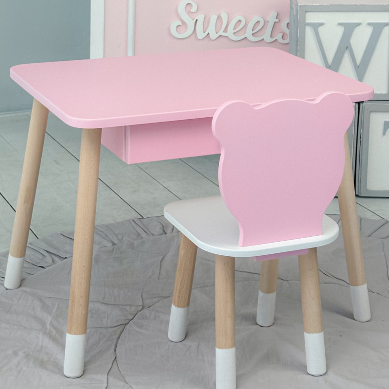 Стіл прямокутний з шухлядою 46х60х45 і стілець медвежа 26.5х26х25, столик та стільчик для дитячої кімнати, рожевий з білим