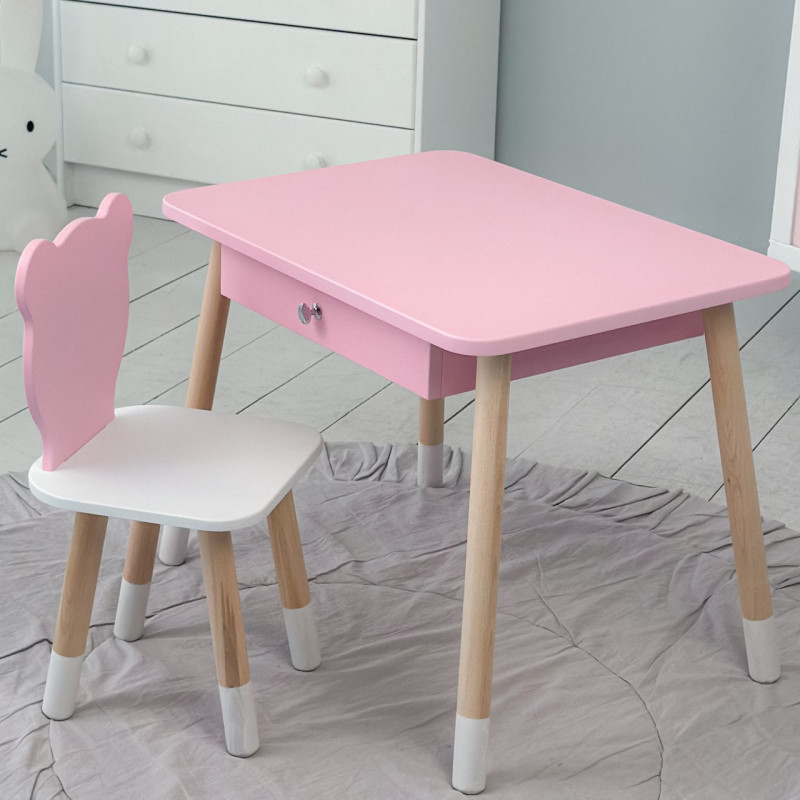 Стіл прямокутний з шухлядою 46х60х45 і стілець медвежа 26.5х26х25, столик та стільчик для дитячої кімнати, рожевий з білим