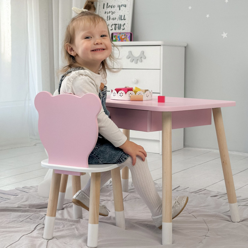 Стіл прямокутний з шухлядою 46х60х45 і стілець медвежа 26.5х26х25, столик та стільчик для дитячої кімнати, рожевий з білим