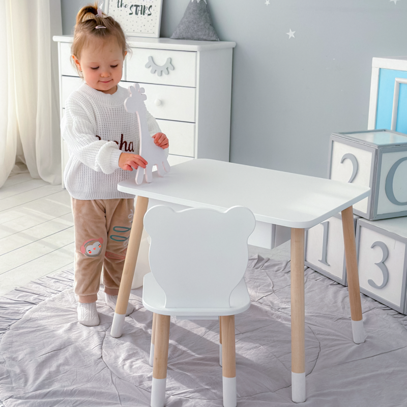 Стіл прямокутний з висувним ящиком 46х60х45 і стілець медвежа 26.5х26х25, столик та стільчик в дитячу, білий
