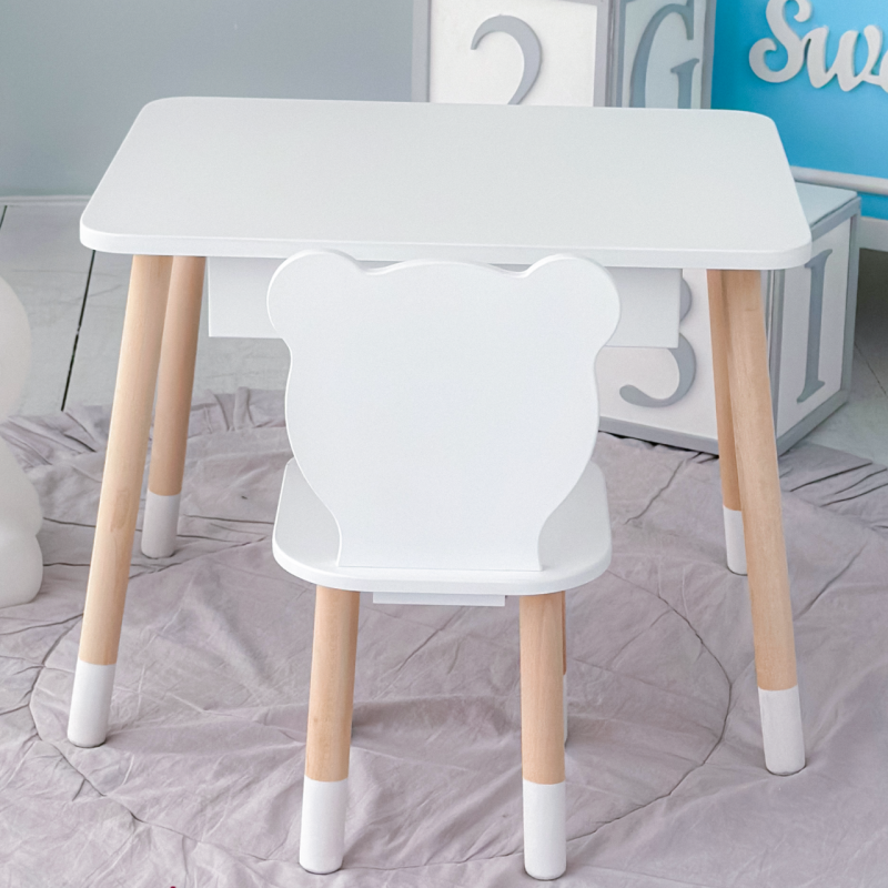 Стіл прямокутний з висувним ящиком 46х60х45 і стілець медвежа 26.5х26х25, столик та стільчик в дитячу, білий