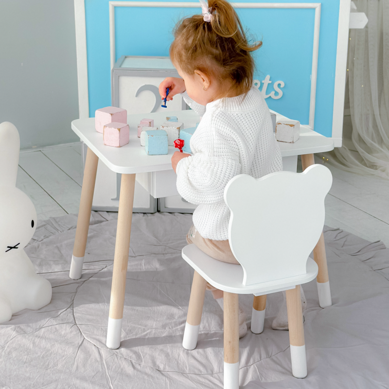 Стіл прямокутний з висувним ящиком 46х60х45 і стілець медвежа 26.5х26х25, столик та стільчик в дитячу, білий