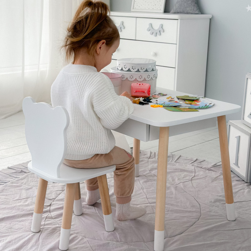 Стіл прямокутний з висувним ящиком 46х60х45 і стілець медвежа 26.5х26х25, столик та стільчик в дитячу, білий