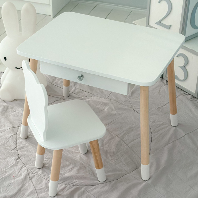 Стіл прямокутний з висувним ящиком 46х60х45 і стілець медвежа 26.5х26х25, столик та стільчик в дитячу, білий
