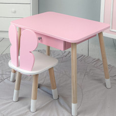 Стіл прямокутний з ящиком для речей 46х60х45 і стілець метелик 26.5х26х25, столик та стільчик в дитячу, рожевий з білим