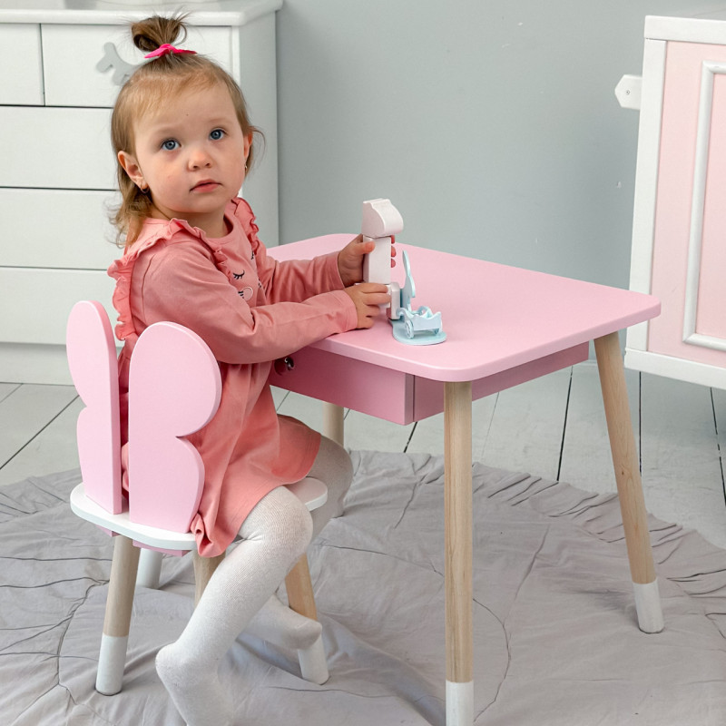 Стіл прямокутний з ящиком для речей 46х60х45 і стілець метелик 26.5х26х25, столик та стільчик в дитячу, рожевий з білим