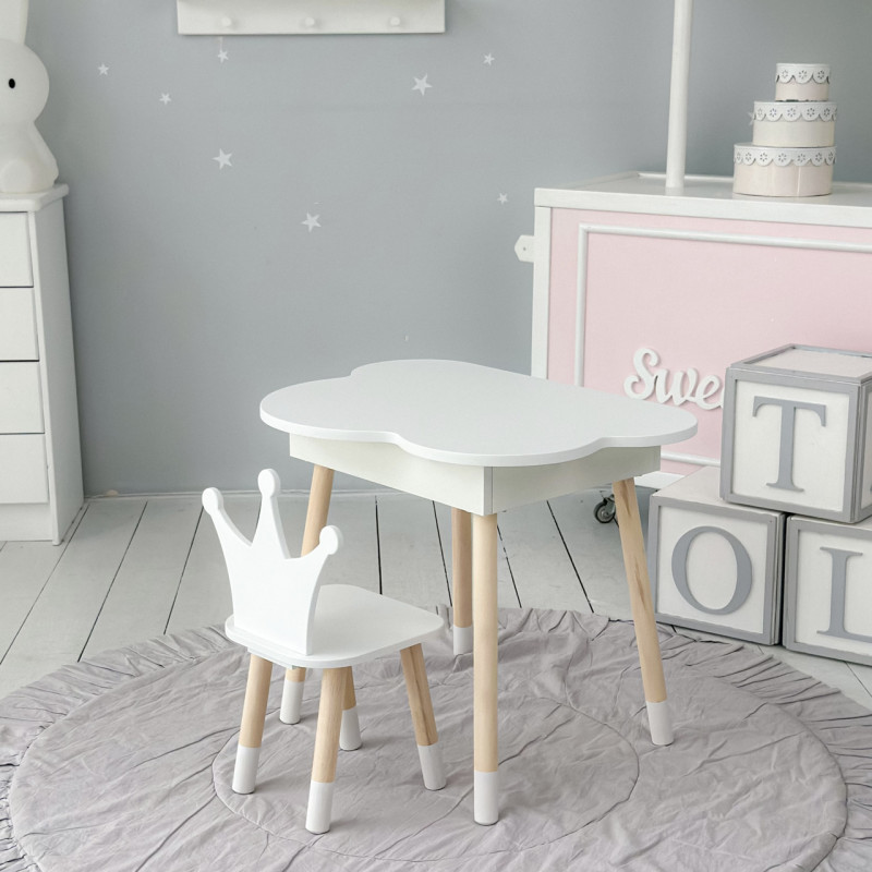 Столик хмаринка з відкидною нішею 54х68х50 і стільчик корона 26.5х26х25, стіл та стілець в дитячу, білий