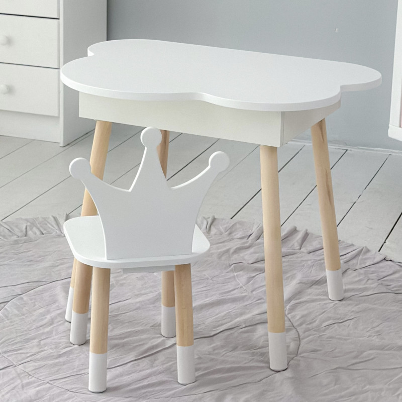 Столик хмаринка з відкидною нішею 54х68х50 і стільчик корона 26.5х26х25, стіл та стілець в дитячу, білий