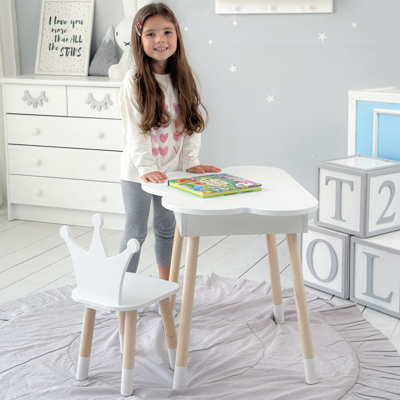 Столик хмаринка з відкидною нішею 54х68х50 і стільчик корона 26.5х26х25, стіл та стілець в дитячу, білий
