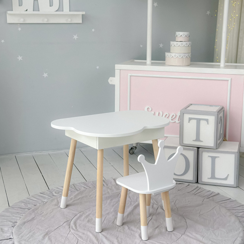 Столик хмаринка з відкидною нішею 54х68х50 і стільчик корона 26.5х26х25, стіл та стілець в дитячу, білий