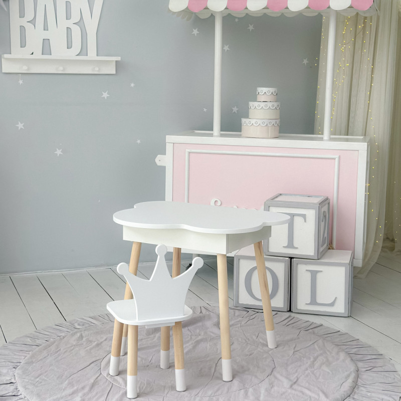 Столик хмаринка з відкидною нішею 54х68х50 і стільчик корона 26.5х26х25, стіл та стілець в дитячу, білий