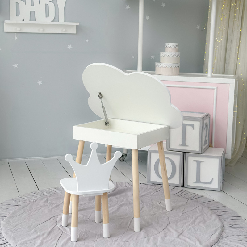 Столик хмаринка з відкидною нішею 54х68х50 і стільчик корона 26.5х26х25, стіл та стілець в дитячу, білий