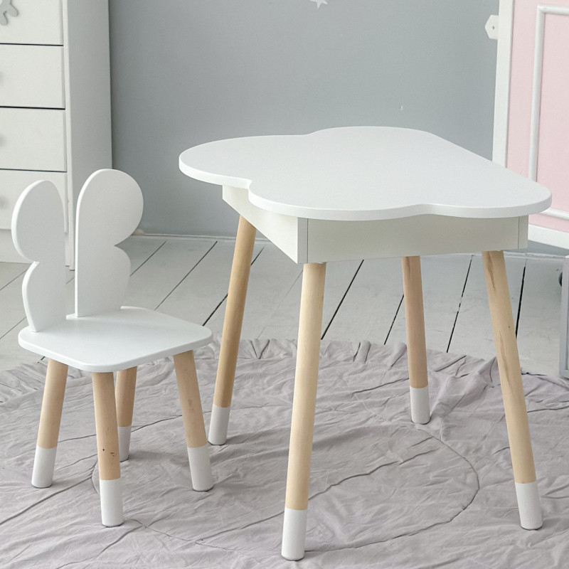 Столик хмаринка з нішею для речей 54х68х50 і стільчик спинка в формі метелика 26.5х26х25, стіл та стілець в дитячу кімнату, білий