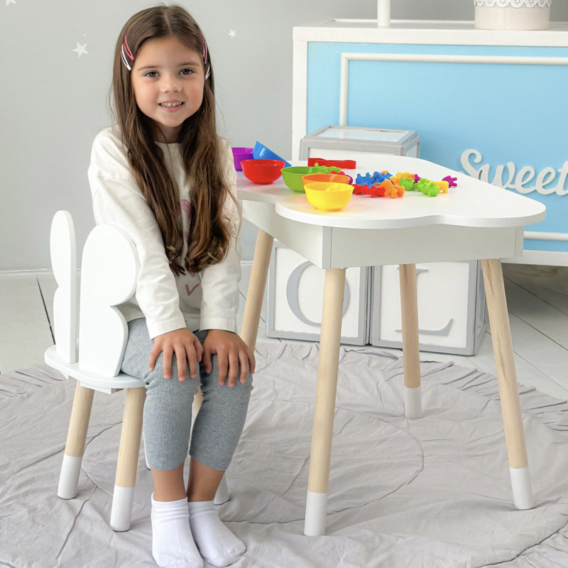 Столик хмаринка з нішею для речей 54х68х50 і стільчик спинка в формі метелика 26.5х26х25, стіл та стілець в дитячу кімнату, білий