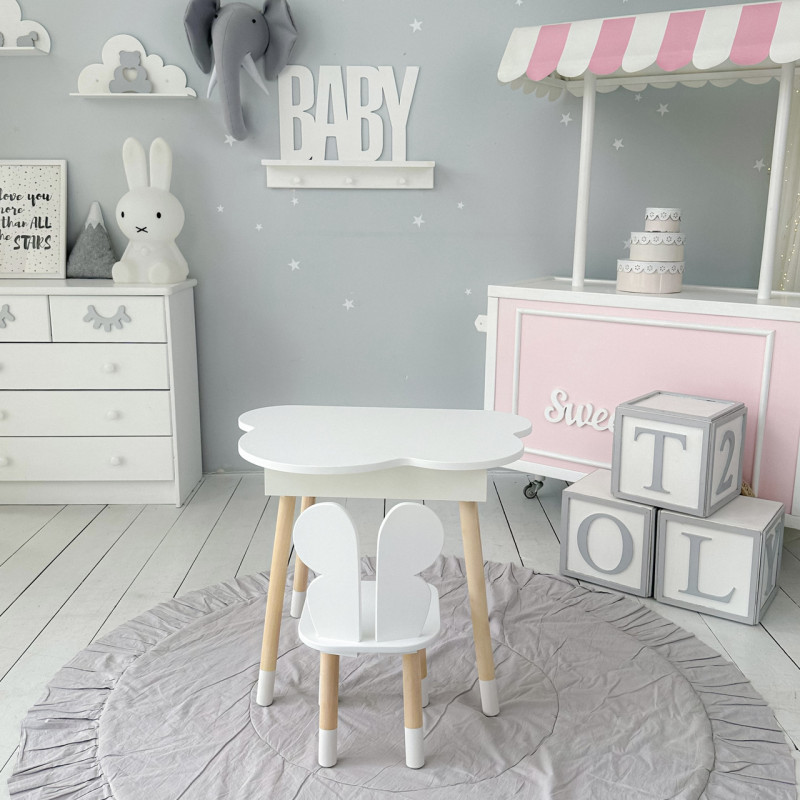 Столик хмаринка з нішею для речей 54х68х50 і стільчик спинка в формі метелика 26.5х26х25, стіл та стілець в дитячу кімнату, білий