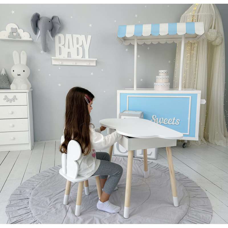 Столик хмаринка з нішею для речей 54х68х50 і стільчик спинка в формі метелика 26.5х26х25, стіл та стілець в дитячу кімнату, білий