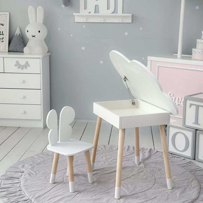 Столик хмаринка з нішею для речей 54х68х50 і стільчик спинка в формі метелика 26.5х26х25, стіл та стілець в дитячу кімнату, білий