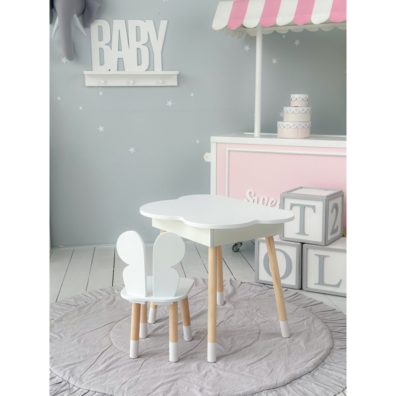 Столик хмаринка з нішею для речей 54х68х50 і стільчик спинка в формі метелика 26.5х26х25, стіл та стілець в дитячу кімнату, білий