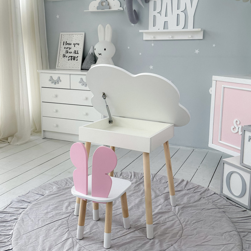 Столик хмаринка з нішею 54х68х50 і стільчик метелик 26.5х26х25, стіл та стілець в дитячу, білий з рожевим