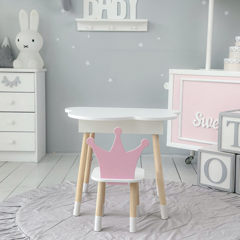 Столик хмаринка з зручною нішею 54х68х50 і стільчик корона 26.5х26х25, стіл та стілець в дитячу, білий з рожевим