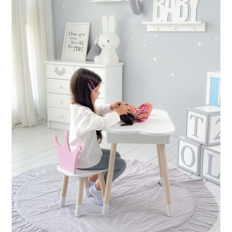 Столик хмаринка з зручною нішею 54х68х50 і стільчик корона 26.5х26х25, стіл та стілець в дитячу, білий з рожевим