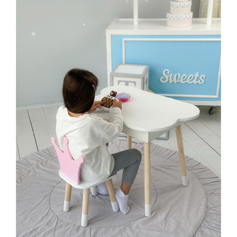 Столик хмаринка з зручною нішею 54х68х50 і стільчик корона 26.5х26х25, стіл та стілець в дитячу, білий з рожевим
