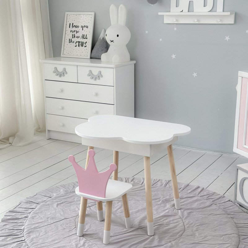 Столик хмаринка з зручною нішею 54х68х50 і стільчик корона 26.5х26х25, стіл та стілець в дитячу, білий з рожевим