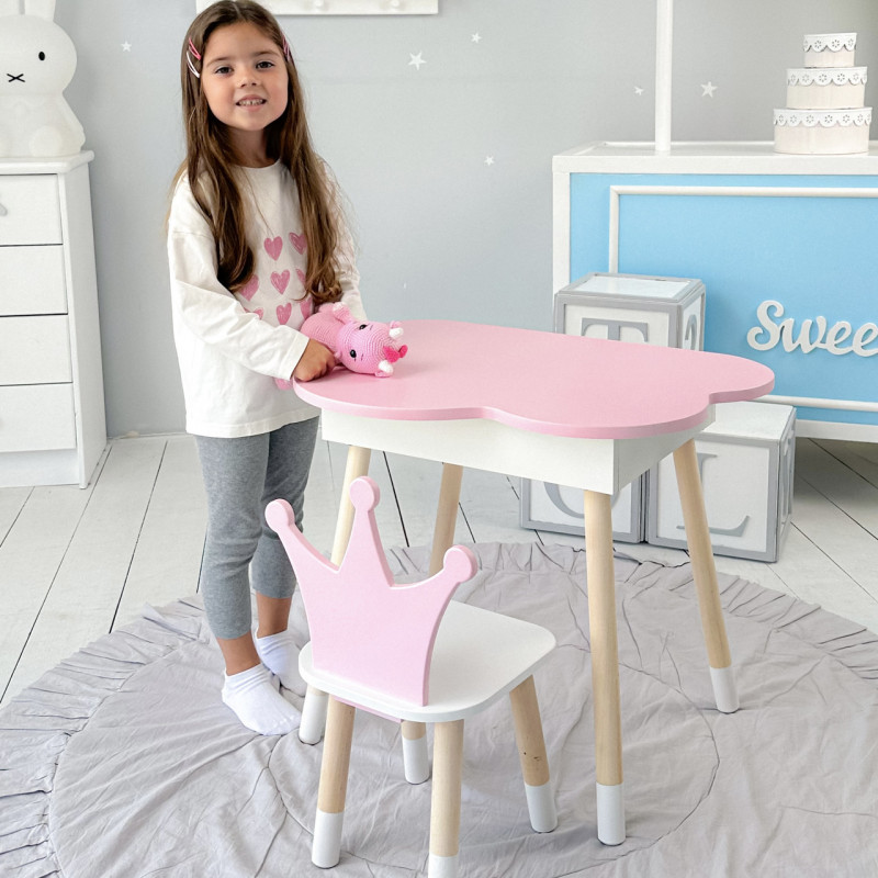 Столик хмаринка з відкидною нішею 54х68х50 і стільчик корона 26.5х26х25, стіл та стілець в дитячу, рожевий з білим