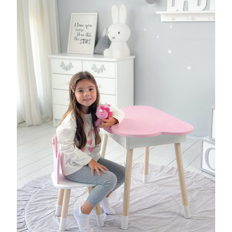 Столик хмаринка з відкидною нішею 54х68х50 і стільчик корона 26.5х26х25, стіл та стілець в дитячу, рожевий з білим