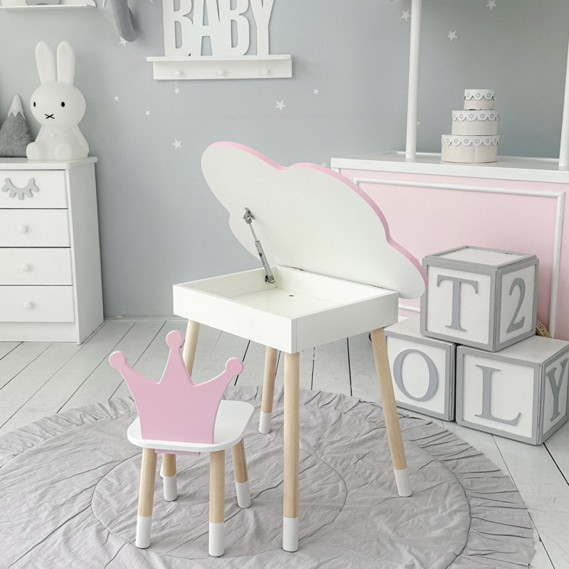 Столик хмаринка з відкидною нішею 54х68х50 і стільчик корона 26.5х26х25, стіл та стілець в дитячу, рожевий з білим