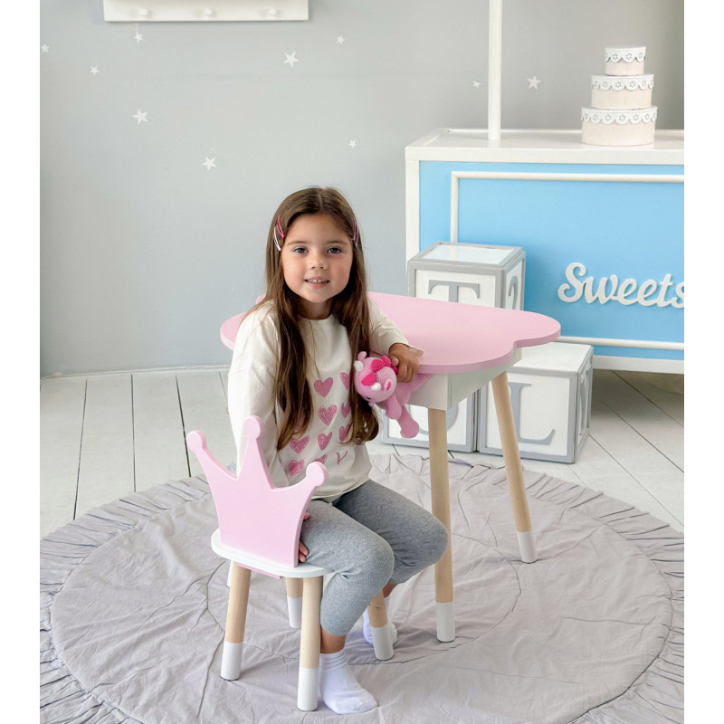 Столик хмаринка з відкидною нішею 54х68х50 і стільчик корона 26.5х26х25, стіл та стілець в дитячу, рожевий з білим