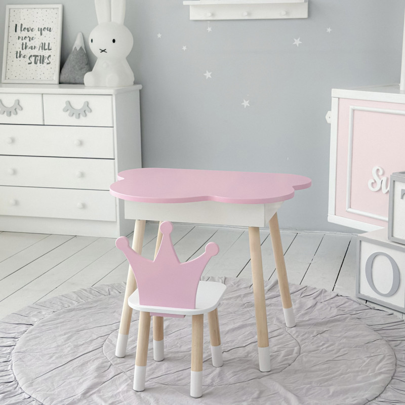 Столик хмаринка з відкидною нішею 54х68х50 і стільчик корона 26.5х26х25, стіл та стілець в дитячу, рожевий з білим
