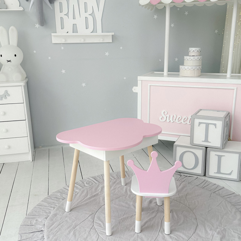 Столик хмаринка з відкидною нішею 54х68х50 і стільчик корона 26.5х26х25, стіл та стілець в дитячу, рожевий з білим