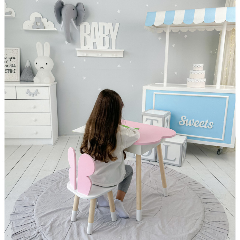 Столик хмаринка з нішею 54х68х50 і стільчик спинка в формі метелика 26.5х26х25, стіл та стілець в дитячу, рожевий з білим