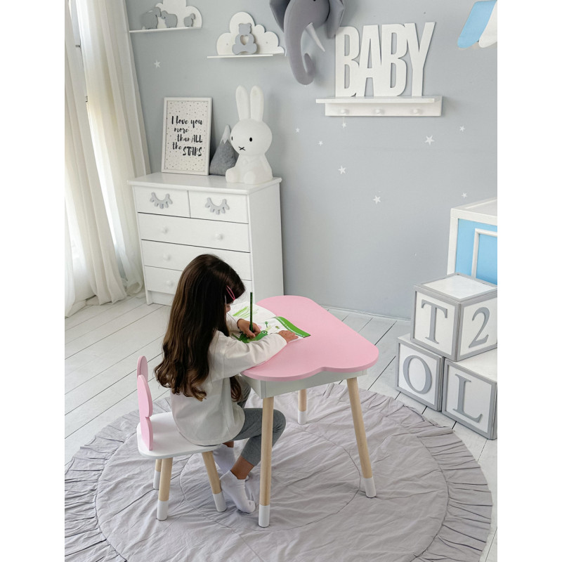 Столик хмаринка з нішею 54х68х50 і стільчик спинка в формі метелика 26.5х26х25, стіл та стілець в дитячу, рожевий з білим