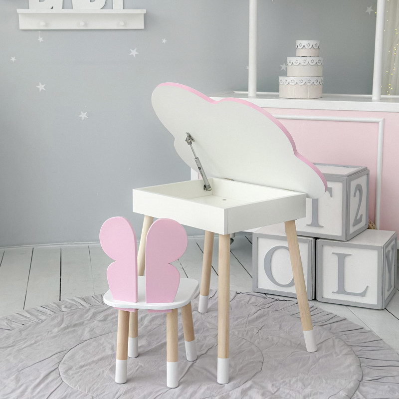 Столик хмаринка з нішею 54х68х50 і стільчик спинка в формі метелика 26.5х26х25, стіл та стілець в дитячу, рожевий з білим