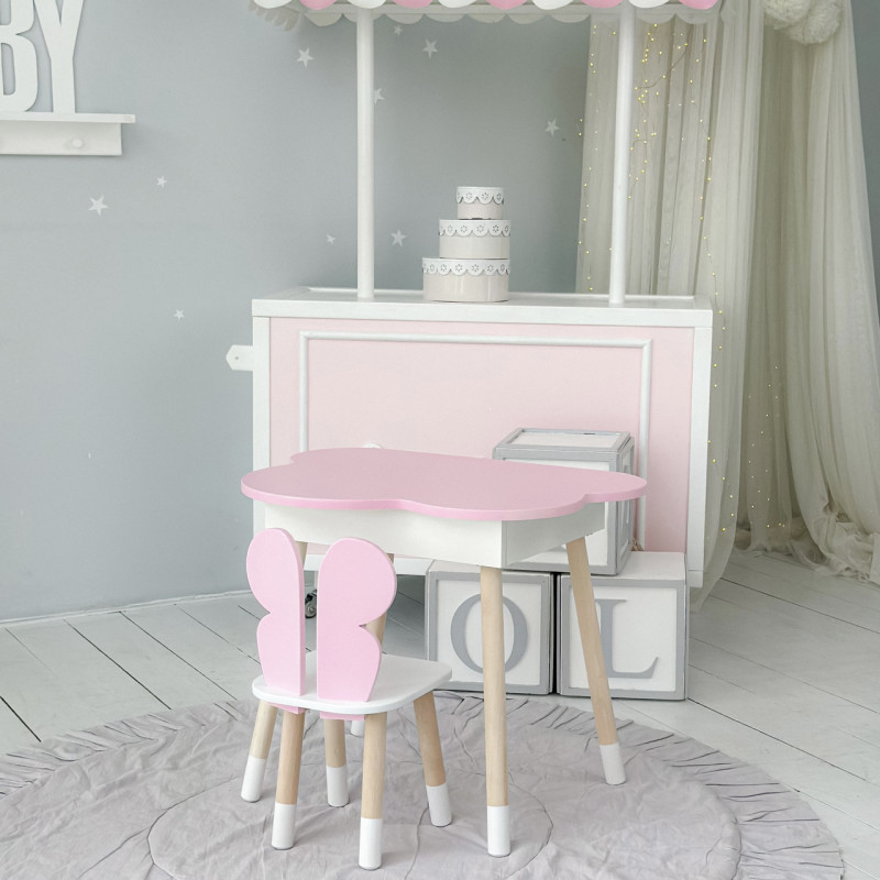 Столик хмаринка з нішею 54х68х50 і стільчик спинка в формі метелика 26.5х26х25, стіл та стілець в дитячу, рожевий з білим