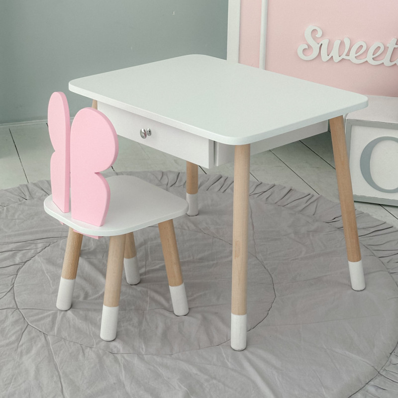 Стіл прямокутний з шухлядою 46х60х45 і стілець метелик 26.5х26х25, столик та стільчик для дівчачої кімнати, рожевий з білим