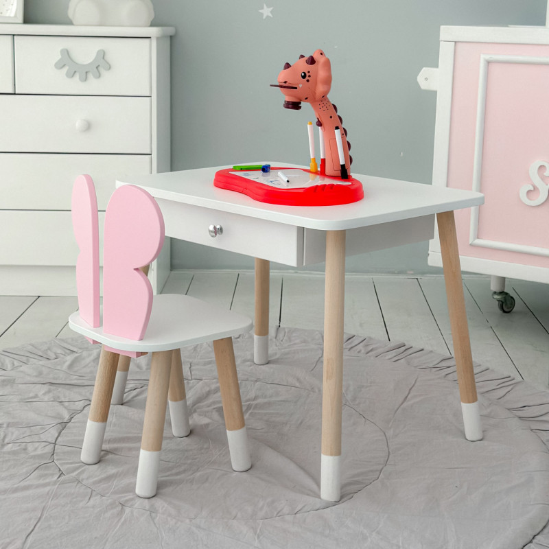 Стіл прямокутний з шухлядою 46х60х45 і стілець метелик 26.5х26х25, столик та стільчик для дівчачої кімнати, рожевий з білим