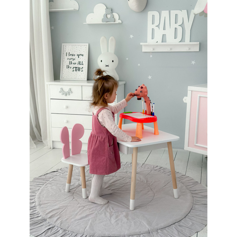 Стіл прямокутний з шухлядою 46х60х45 і стілець метелик 26.5х26х25, столик та стільчик для дівчачої кімнати, рожевий з білим