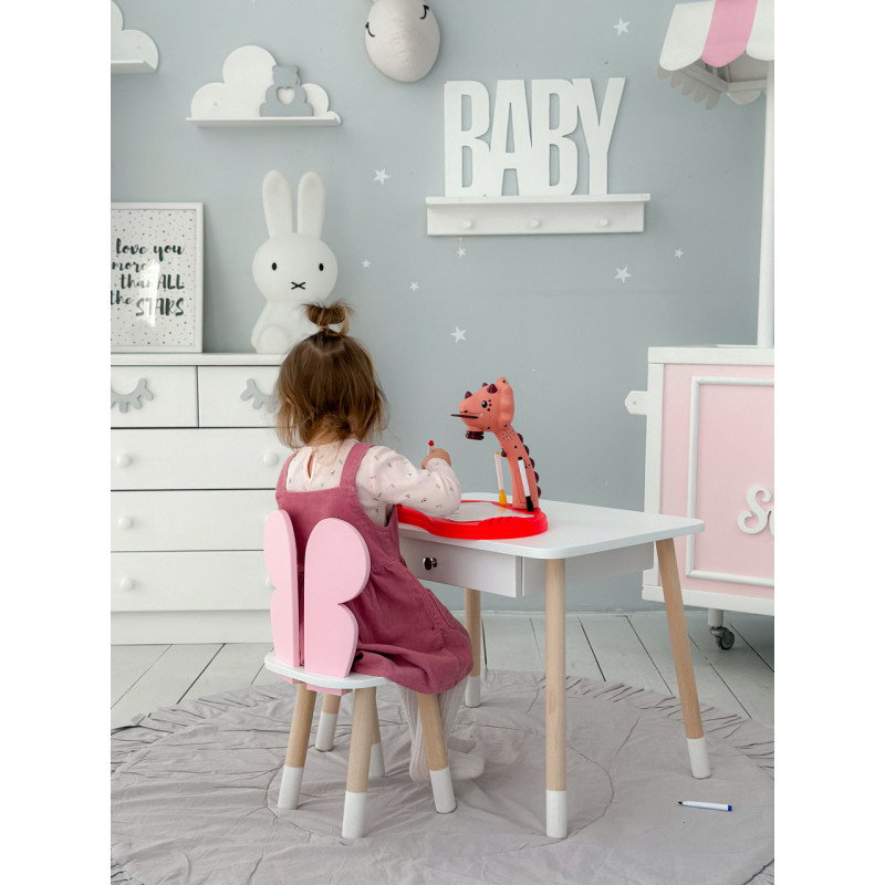 Стіл прямокутний з шухлядою 46х60х45 і стілець метелик 26.5х26х25, столик та стільчик для дівчачої кімнати, рожевий з білим