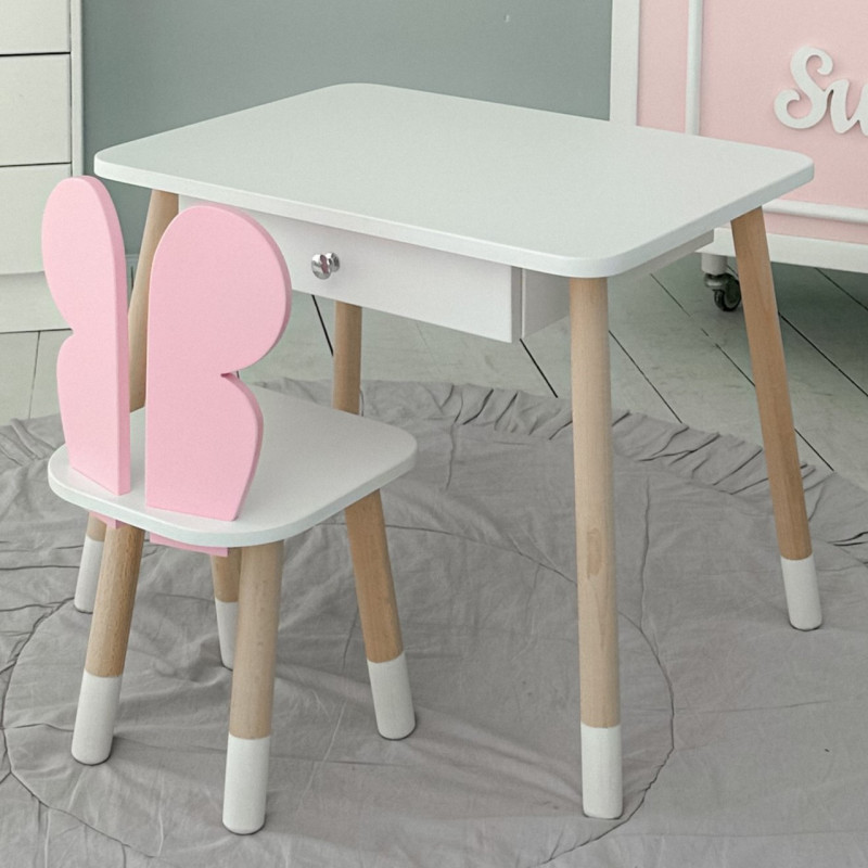 Стіл прямокутний з шухлядою 46х60х45 і стілець метелик 26.5х26х25, столик та стільчик для дівчачої кімнати, рожевий з білим