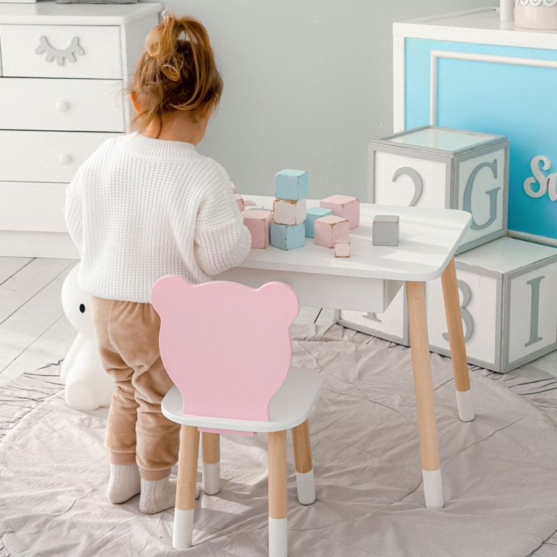 Стіл прямокутний з шухлядою 46х60х45 і стілець мордочка медвежа 26.5х26х25, комплект для дитячої кімнати, білий з рожевим