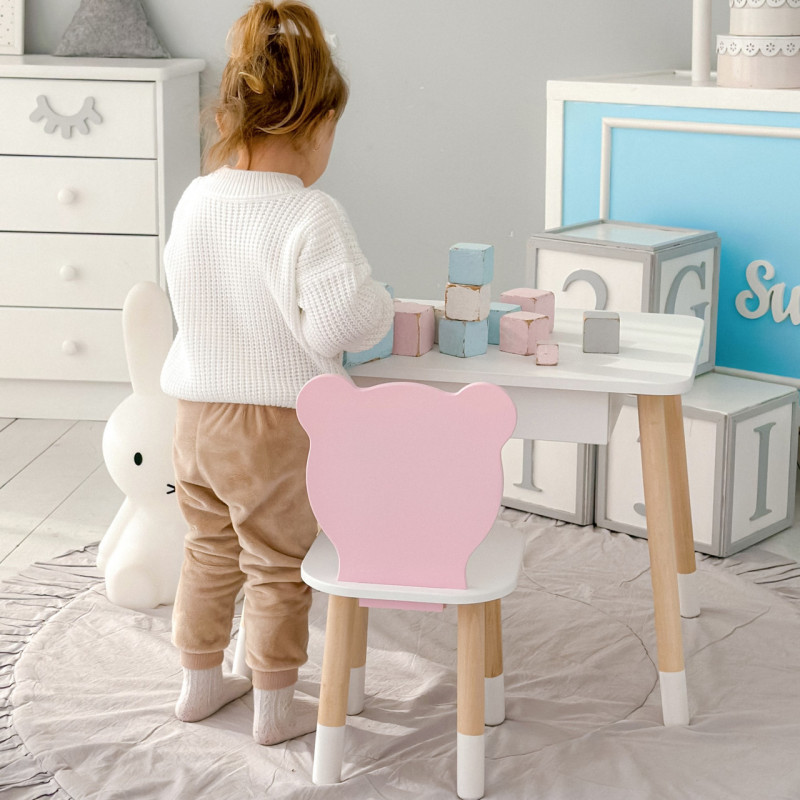 Стіл прямокутний з шухлядою 46х60х45 і стілець мордочка медвежа 26.5х26х25, комплект для дитячої кімнати, білий з рожевим